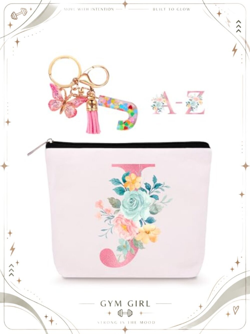 Canvas Cosmetic Bag & Resin Initial Keychain Set Waterproof Zipper Pouch